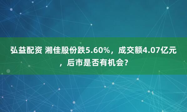 弘益配资 湘佳股份跌5.60%，成交额4.07亿元，后市是否有机会？